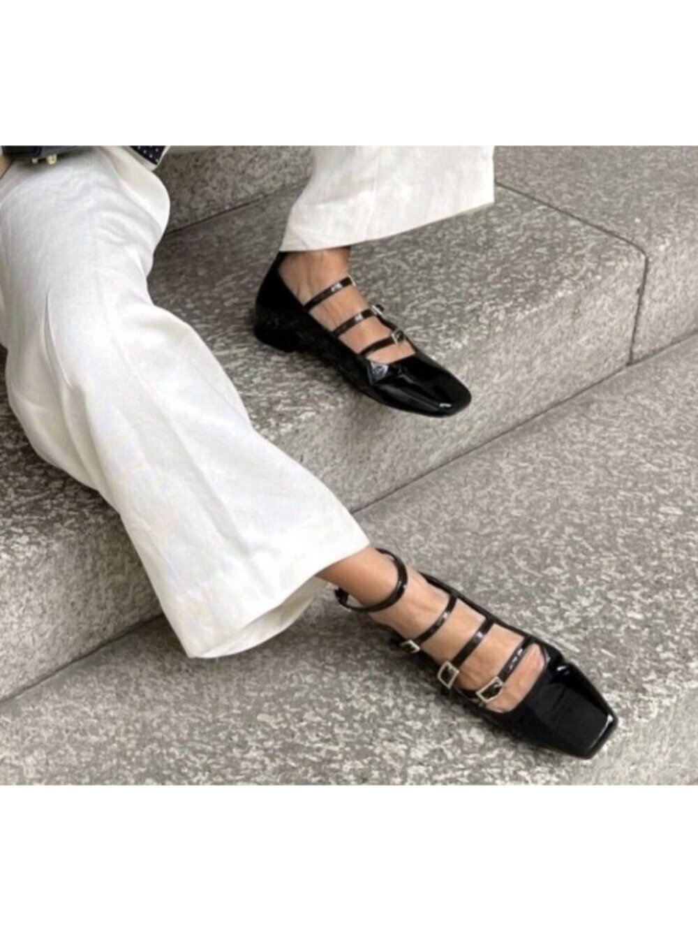 ALOHAS Black Patent Leather Strappy Mary Jane Ballet Flats Square Toe EU 41/10.5